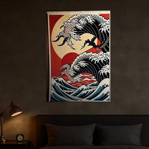 波 鶴 太陽 海 日本画 タペストリー 和モダン 和柄 浮世絵風 刺青風 昭和レトロ 壁掛け 大判 長方形 タトゥー ジャパニーズ 男気 アウトロー 壁布 赤 白 黒