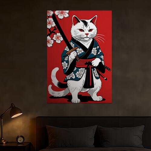 猫 武士 侍 着物 桜 タペストリー 和モダン 和柄 浮世絵風 刺青風 昭和レトロ 壁掛け 大判 長方形 タトゥー ジャパニーズ 男気 アウトロー 壁布 赤 白 黒