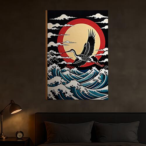 鶴 波 月 雲 日本画 タペストリー 和モダン 和柄 浮世絵風 刺青風 昭和レトロ 壁掛け 大判 長方形 タトゥー ジャパニーズ 男気 アウトロー 壁布 黒 白 赤
