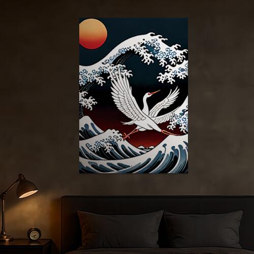 波 鶴 太陽 海 日本画 タペストリー 和モダン 和柄 浮世絵風 刺青風 昭和レトロ 壁掛け 大判 長方形 タトゥー ジャパニーズ 男気 アウトロー 壁布 白 黒 赤