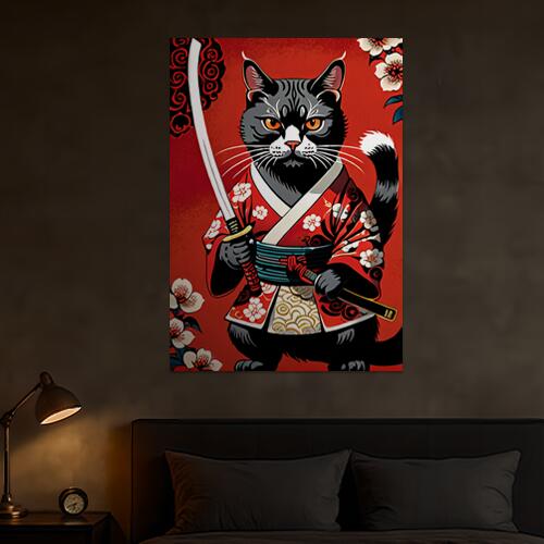 猫 侍 着物 刀 武士道 タペストリー 和モダン 和柄 浮世絵風 刺青風 昭和レトロ 壁掛け 大判 長方形 タトゥー ジャパニーズ 男気 アウトロー 壁布 赤 黒 白