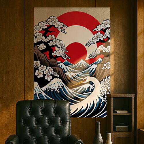 波 鶴 太陽 山 梅の花 タペストリー 和モダン 和柄 浮世絵風 刺青風 昭和レトロ 壁掛け 大判 長方形 タトゥー ジャパニーズ 男気 アウトロー 壁布 赤 白 青