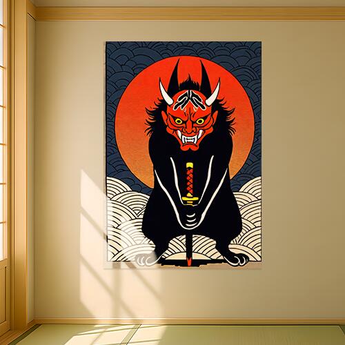 鬼 刀 月 妖怪 悪魔 タペストリー 和モダン 和柄 浮世絵風 刺青風 昭和レトロ 壁掛け 大判 長方形 タトゥー ジャパニーズ 男気 アウトロー 壁布 赤 黒 白