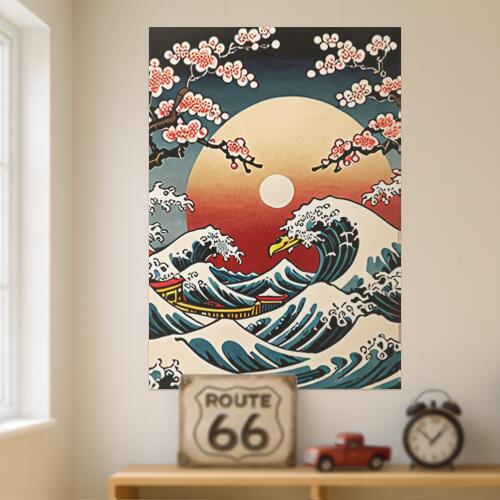 波 桜 月 富士山 日本画 タペストリー 和モダン 和柄 浮世絵風 刺青風 昭和レトロ 壁掛け 大判 長方形 タトゥー ジャパニーズ 男気 アウトロー 壁布 青 白 赤