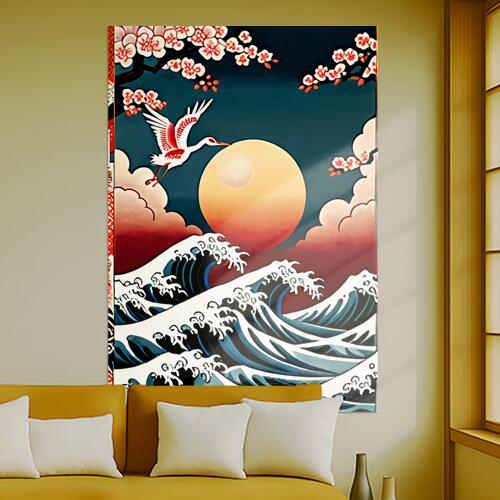 波 月 鶴 桜 雲 タペストリー 和モダン 和柄 浮世絵風 刺青風 昭和レトロ 壁掛け 大判 長方形 タトゥー..