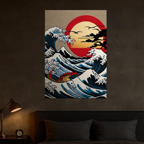 波 海 太陽 鳥 鳳凰 タペストリー 和モダン 和柄 浮世絵風 刺青風 昭和レトロ 壁掛け 大判 長方形 タトゥー ジャパニーズ 男気 アウトロー 壁布 青 紺 黒