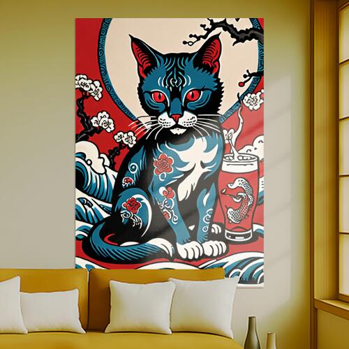 猫 招き猫 花 波 鯉 タペストリー 和モダン 和柄 浮世絵風 刺青風 昭和レトロ 壁掛け 大判 長方形 タトゥー ジャパニーズ 男気 アウトロー 壁布 赤 青 黒