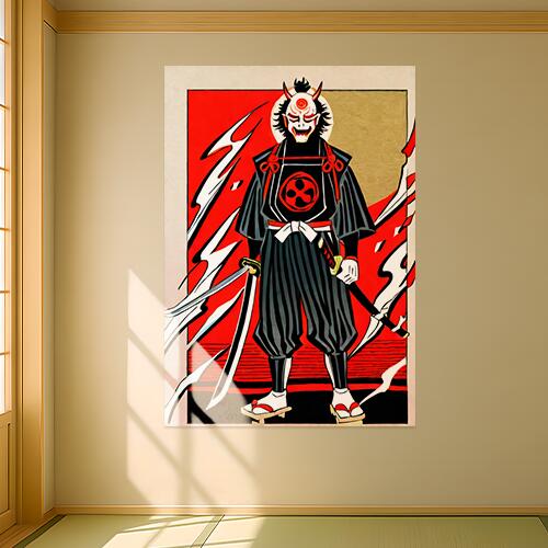 武士 侍 鬼 日本刀 鎧 タペストリー 和モダン 和柄 浮世絵風 刺青風 昭和レトロ 壁掛け 大判 長方形 タトゥー ジャパニーズ 男気 アウトロー 壁布 赤 黒 白