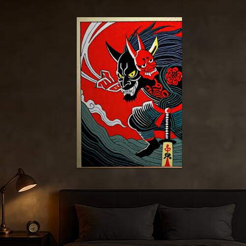 鬼 刀 妖怪 浮世絵 武士 タペストリー 和モダン 和柄 浮世絵風 刺青風 昭和レトロ 壁掛け 大判 長方形 タトゥー ジャパニーズ 男気 アウトロー 壁布 赤 黒 白