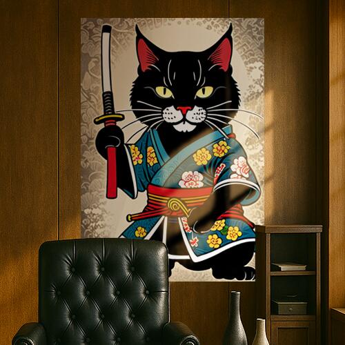 猫 侍 武士道 着物 日本刀 タペストリー 和モダン 和柄 浮世絵風 刺青風 昭和レトロ 壁掛け 大判 長方形 タトゥー ジャパニーズ 男気 アウトロー 壁布 黒 赤 黄色