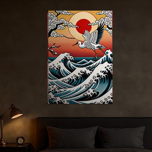 鶴 波 太陽 梅 日本画 タペストリー 和モダン 和柄 浮世絵風 刺青風 昭和レトロ 壁掛け 大判 長方形 タトゥー ジャパニーズ 男気 アウトロー 壁布 赤 白 青