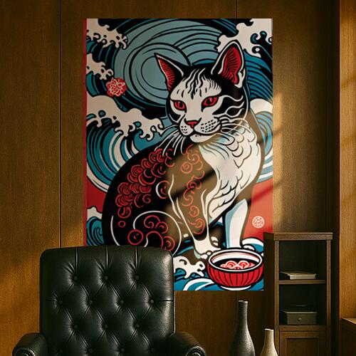 猫 波 浮世絵 招き猫 縁起物 タペストリー 和モダン 和柄 浮世絵風 刺青風 昭和レトロ 壁掛け 大判 長方形 タトゥー ジャパニーズ 男気 アウトロー 壁布 赤 黒 白