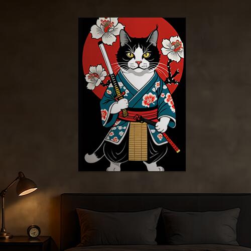 猫 侍 着物 刀 花 タペストリー 和モダン 和柄 浮世絵風 刺青風 昭和レトロ 壁掛け 大判 長方形 タトゥー ジャパニーズ 男気 アウトロー 壁布 黒 白 赤