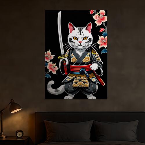 猫 侍 武士道 日本刀 花 タペストリー 和モダン 和柄 浮世絵風 刺青風 昭和レトロ 壁掛け 大判 長方形 タトゥー ジャパニーズ 男気 アウトロー 壁布 白 黒 赤