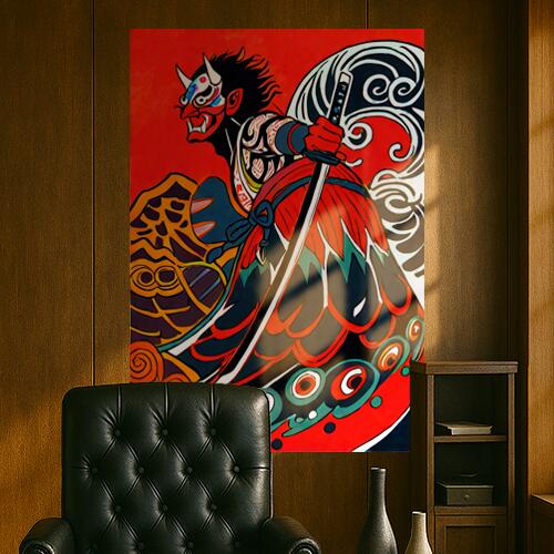 鬼 侍 日本刀 武士道 浮世絵 タペストリー 和モダン 和柄 浮世絵風 刺青風 昭和レトロ 壁掛け 大判 長方形 タトゥー ジャパニーズ 男気 アウトロー 壁布 赤 黒 白