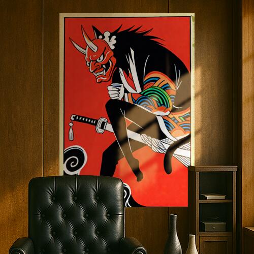 鬼 刀 酒 妖怪 伝説 タペストリー 和モダン 和柄 浮世絵風 刺青風 昭和レトロ 壁掛け 大判 長方形 タトゥー ジャパニーズ 男気 アウトロー 壁布 赤 黒 白