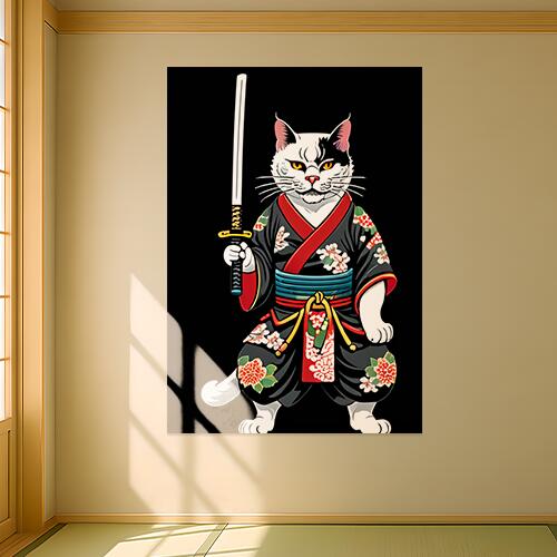 猫 侍 武士道 着物 日本刀 タペストリー 和モダン 和柄 浮世絵風 刺青風 昭和レトロ 壁掛け 大判 長方形 タトゥー ジャパニーズ 男気 アウトロー 壁布 黒 白 赤