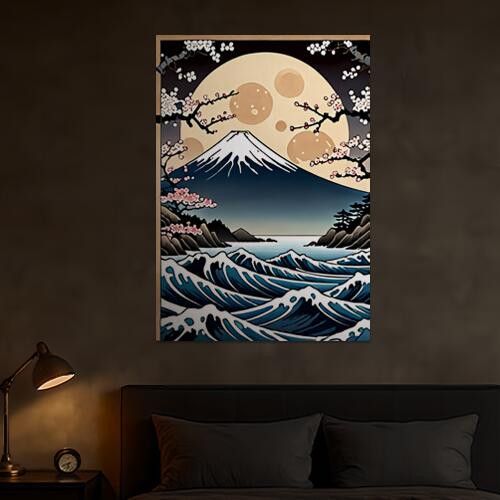 富士山 波 月 桜 海 タペストリー 和モダン 和柄 浮世絵風 刺青風 昭和レトロ 壁掛け 大判 長方形 タトゥー ジャパニーズ 男気 アウトロー 壁布 青 白 ベージュ