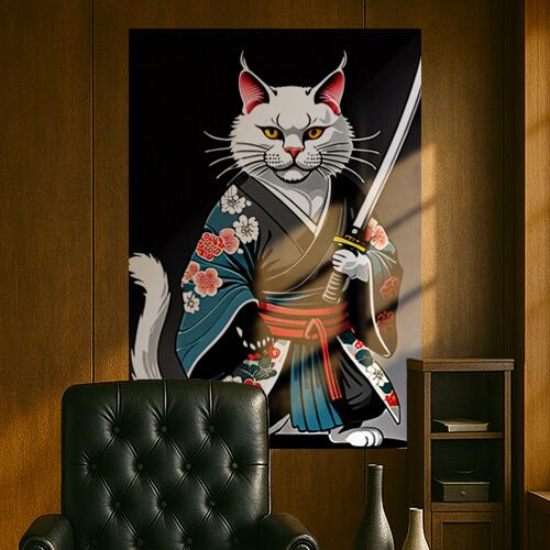猫 侍 刀 着物 武士道 タペストリー 和モダン 和柄 浮世絵風 刺青風 昭和レトロ 壁掛け 大判 長方形 タ..