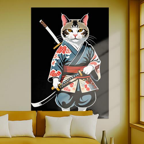 猫 侍 武士道 日本刀 着物 タペストリー 和モダン 和柄 浮世絵風 刺青風 昭和レトロ 壁掛け 大判 長方..