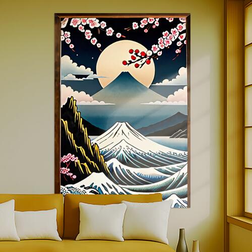 富士山 波 月 桜 日本画 タペストリー 和モダン 和柄 浮世絵風 刺青風 昭和レトロ 壁掛け 大判 長方形 タトゥー ジャパニーズ 男気 アウトロー 壁布 紺 白 グレー