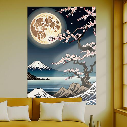 月 桜 富士山 波 木 タペストリー 和モダン 和柄 浮世絵風 刺青風 昭和レトロ 壁掛け 大判 長方形 タトゥー ジャパニーズ 男気 アウトロー 壁布 紺 白 ベージュ