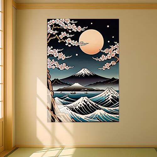 富士山 波 桜 月 海 タペストリー 和モダン 和柄 浮世絵風 刺青風 昭和レトロ 壁掛け 大判 長方形 タトゥー ジャパニーズ 男気 アウトロー 壁布 紺 黒 白