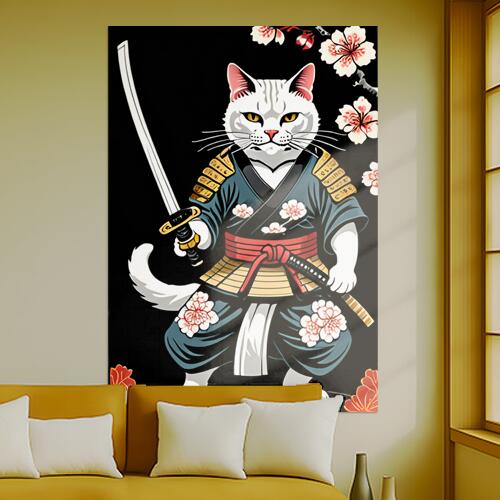 猫 侍 武士道 桜 日本刀 タペストリー 和モダン 和柄 浮世絵風 刺青風 昭和レトロ 壁掛け 大判 長方形 タトゥー ジャパニーズ 男気 アウトロー 壁布 黒 白 赤