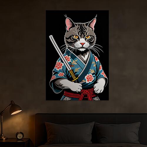 猫 侍 着物 刀 武士道 タペストリー 和モダン 和柄 浮世絵風 刺青風 昭和レトロ 壁掛け 大判 長方形 タトゥー ジャパニーズ 男気 アウトロー 壁布 黒 グレー 白