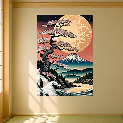 桜 富士山 月 波 木 タペストリー 和モダン 和柄 浮世絵風 刺青風 昭和レトロ 壁掛け 大判 長方形 タトゥー ジャパニーズ 男気 アウトロー 壁布 青 白 ピンク