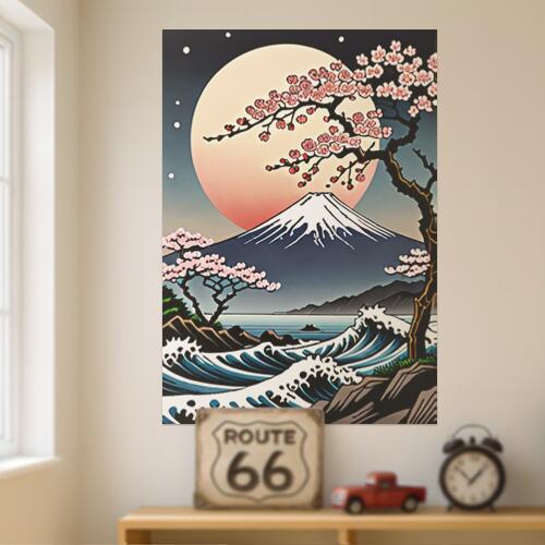 富士山 桜 月 波 生命の樹 タペストリー 和モダン 和柄 浮世絵風 刺青風 昭和レトロ 壁掛け 大判 長方形 タトゥー ジャパニーズ 男気 アウトロー 壁布 青 紺 白