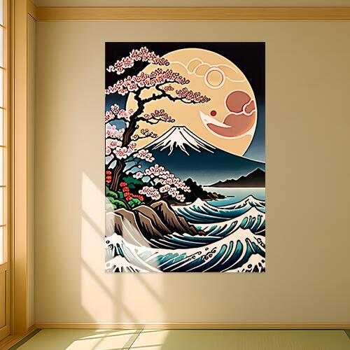 富士山 桜 月 海 波 タペストリー 和モダン 和柄 浮世絵風 刺青風 昭和レトロ 壁掛け 大判 長方形 タトゥー ジャパニーズ 男気 アウトロー 壁布 青 白 ピンク