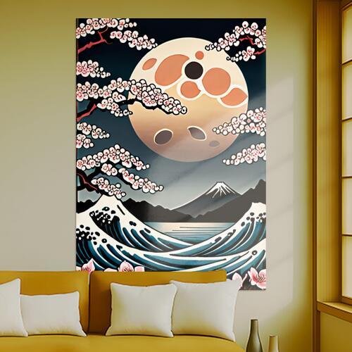 月 桜 波 富士山 花 タペストリー 和モダン 和柄 浮世絵風 刺青風 昭和レトロ 壁掛け 大判 長方形 タト..