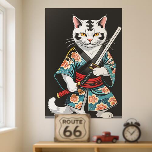 猫 侍 刀 着物 武士道 タペストリー 和モダン 和柄 浮世絵風 刺青風 昭和レトロ 壁掛け 大判 長方形 タ..