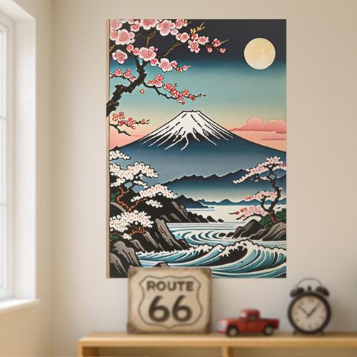 富士山 桜 月 川 日本画 タペストリー 和モダン 和柄 浮世絵風 刺青風 昭和レトロ 壁掛け 大判 長方形 タトゥー ジャパニーズ 男気 アウトロー 壁布 青 紺 白