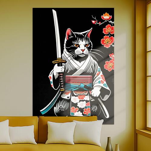 猫 侍 武士道 日本刀 着物 タペストリー 和モダン 和柄 浮世絵風 刺青風 昭和レトロ 壁掛け 大判 長方形 タトゥー ジャパニーズ 男気 アウトロー 壁布 黒 白 赤