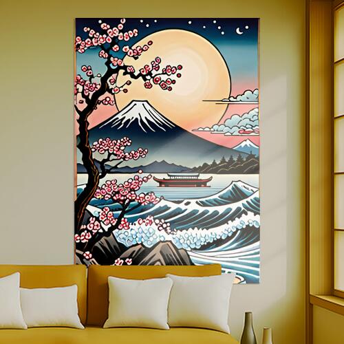 富士山 桜 波 月 神社 タペストリー 和モダン 和柄 浮世絵風 刺青風 昭和レトロ 壁掛け 大判 長方形 タトゥー ジャパニーズ 男気 アウトロー 壁布 青 紺 白