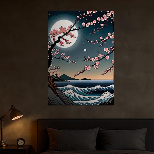 桜 月 海 波 木 タペストリー 和モダン 和柄 浮世絵風 刺青風 昭和レトロ 壁掛け 大判 長方形 タトゥー ジャパニーズ 男気 アウトロー 壁布 紺 白 ピンク