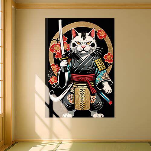 猫 侍 武士道 日本刀 花 タペストリー 和モダン 和柄 浮世絵風 刺青風 昭和レトロ 壁掛け 大判 長方形 タトゥー ジャパニーズ 男気 アウトロー 壁布 白 黒 赤