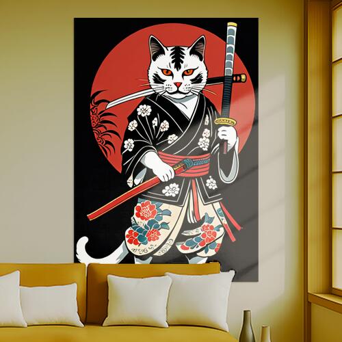 猫 侍 刀 着物 武士道 タペストリー 和モダン 和柄 浮世絵風 刺青風 昭和レトロ 壁掛け 大判 長方形 タトゥー ジャパニーズ 男気 アウトロー 壁布 白 黒 赤
