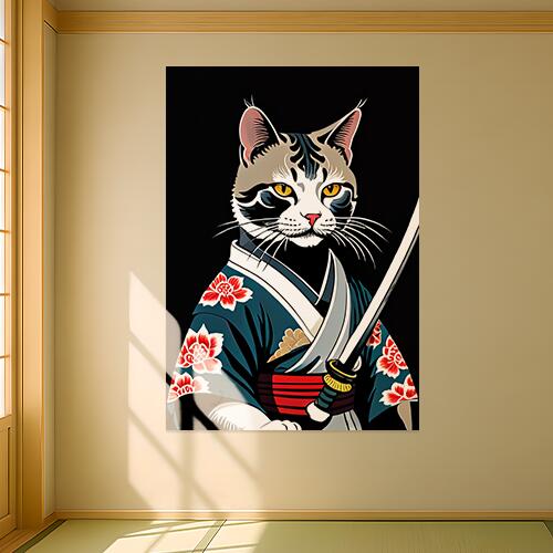 猫 侍 着物 刀 武士道 タペストリー 和モダン 和柄 浮世絵風 刺青風 昭和レトロ 壁掛け 大判 長方形 タ..
