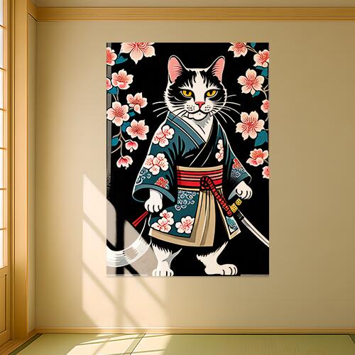猫 武士 着物 桜 日本刀 タペストリー 和モダン 和柄 浮世絵風 刺青風 昭和レトロ 壁掛け 大判 長方形 タトゥー ジャパニーズ 男気 アウトロー 壁布 黒 白 赤