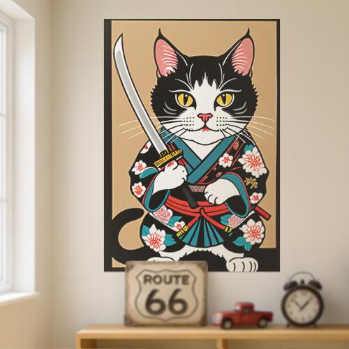 猫 侍 着物 刀 武士道 タペストリー 和モダン 和柄 浮世絵風 刺青風 昭和レトロ 壁掛け 大判 長方形 タトゥー ジャパニーズ 男気 アウトロー 壁布 黒 白 赤