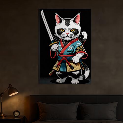 猫 侍 武士道 日本刀 着物 タペストリー 和モダン 和柄 浮世絵風 刺青風 昭和レトロ 壁掛け 大判 長方形 タトゥー ジャパニーズ 男気 アウトロー 壁布 白 黒 赤