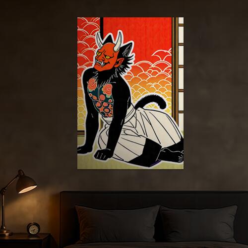 鬼 猫又 妖怪 和風 浮世絵 タペストリー 和モダン 和柄 浮世絵風 刺青風 昭和レトロ 壁掛け 大判 長方形 タトゥー ジャパニーズ 男気 アウトロー 壁布 赤 黒 白