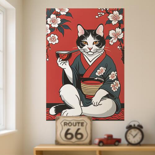 猫 着物 桜 茶道 日本文化 タペストリー 和モダン 和柄 浮世絵風 刺青風 昭和レトロ 壁掛け 大判 長方形 タトゥー ジャパニーズ 男気 アウトロー 壁布 赤 白 黒