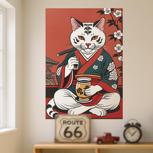猫 着物 日本茶 桜 塔 タペストリー 和モダン 和柄 浮世絵風 刺青風 昭和レトロ 壁掛け 大判 長方形 タトゥー ジャパニーズ 男気 アウトロー 壁布 赤 白 黒
