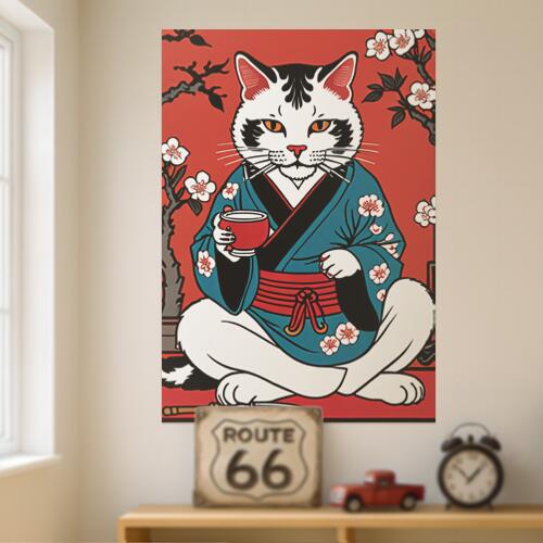 猫 着物 茶碗 桜 日本刀 タペストリー 和モダン 和柄 浮世絵風 刺青風 昭和レトロ 壁掛け 大判 長方形 タトゥー ジャパニーズ 男気 アウトロー 壁布 赤 白 黒