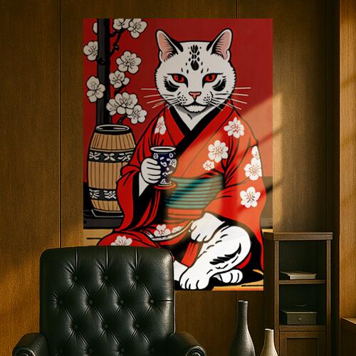 猫 着物 桜 酒樽 酒器 タペストリー 和モダン 和柄 浮世絵風 刺青風 昭和レトロ 壁掛け 大判 長方形 タ..