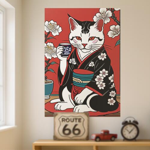 猫 着物 花 日本文化 縁起物 タペストリー 和モダン 和柄 浮世絵風 刺青風 昭和レトロ 壁掛け 大判 長方形 タトゥー ジャパニーズ 男気 アウトロー 壁布 赤 白 黒